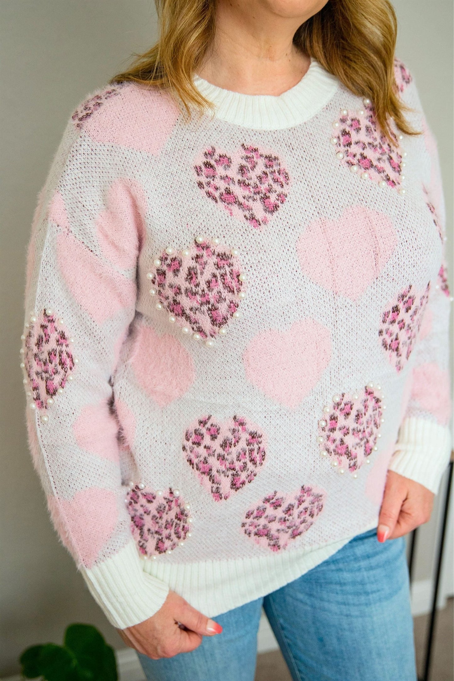 Leopard Heart Beaded Sweater