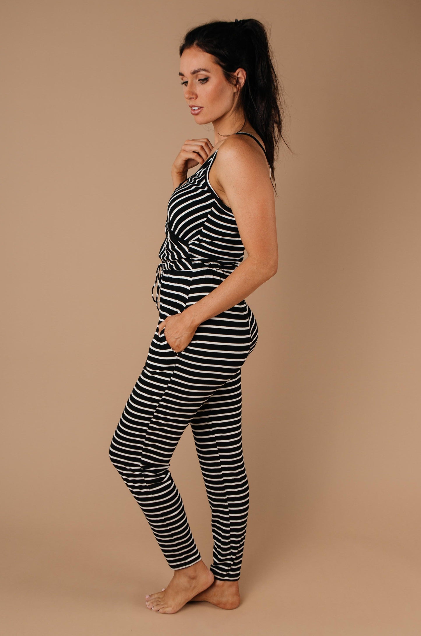 Black & White Striped Surplice Jumpsuit